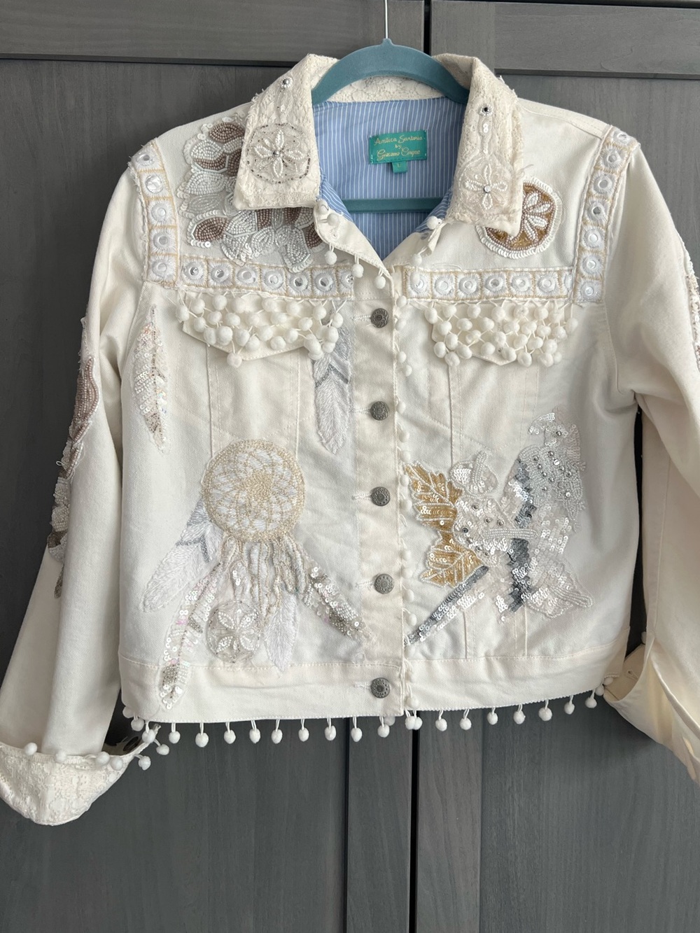 Antica Santoria Embellished White  Denim Jacket with Pom Pom Details - Picture 3 of 15